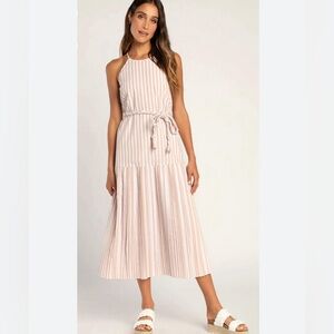 NWT LULUS Beach Town Bound Ivory Striped Pleated Drop Waist Midi Dress size XL